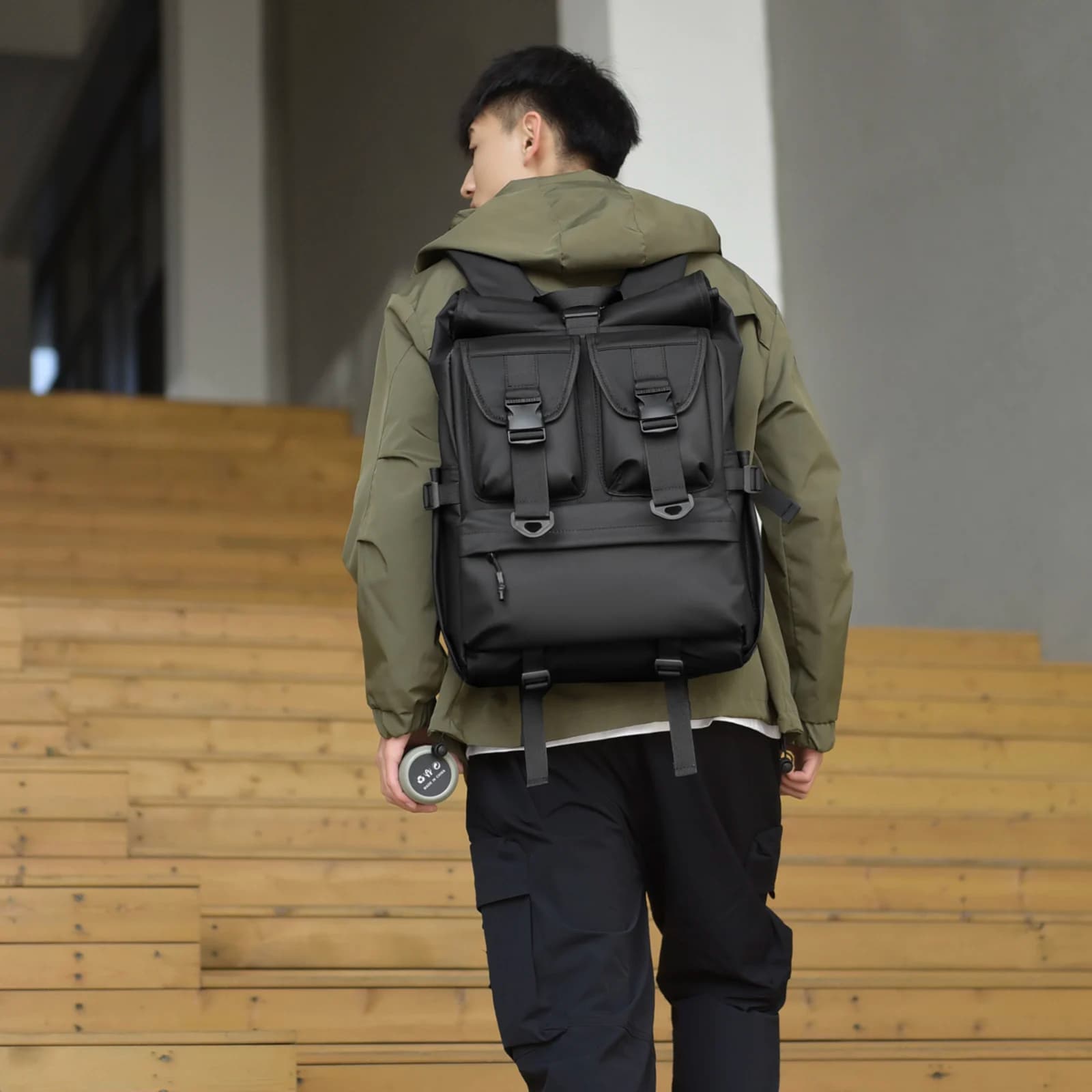 Techwear Roll Top Backpack Waterproof Oxford Daypack with Side-Access 15.6" Laptop Sleeve & Multiple Pocket for Work Travel Gift