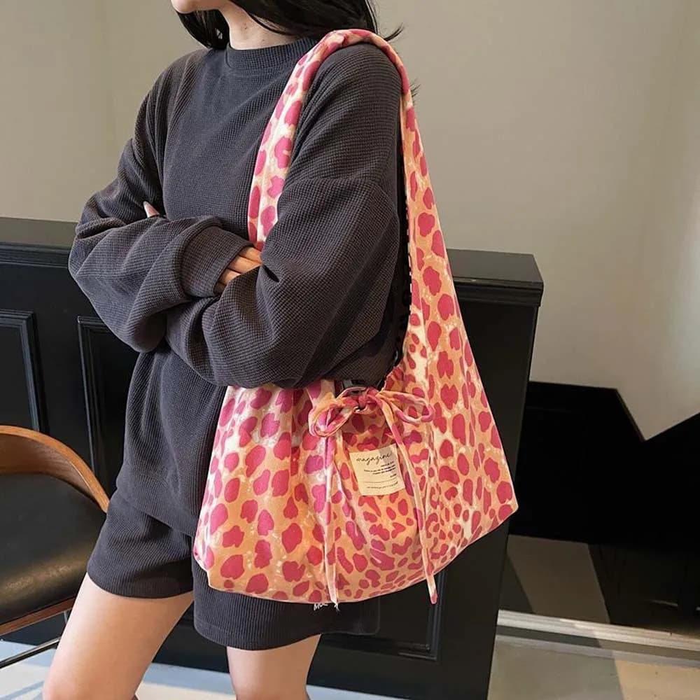 Double Sided Leopard Print Tote Bag, Stylish Leopard Print Handbag for Women, Fashion Bow Large Capacity Shoulder Bag