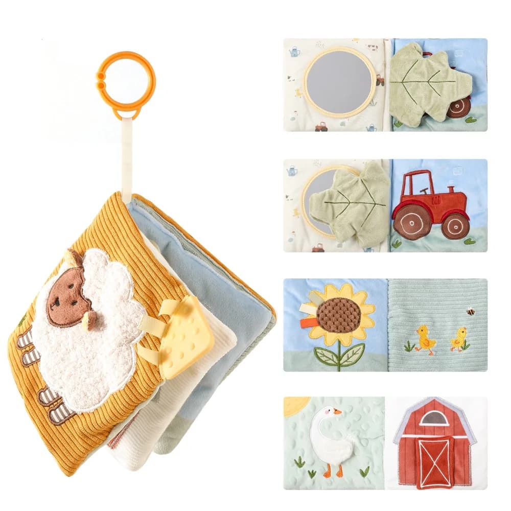 Libro Sensoriale Morbido per Neonati con Animali della Fattoria, Giocattolo Mobile Educativo in Tessuto con Specchio e Carta Sonora per Bambini 6-12 Mesi