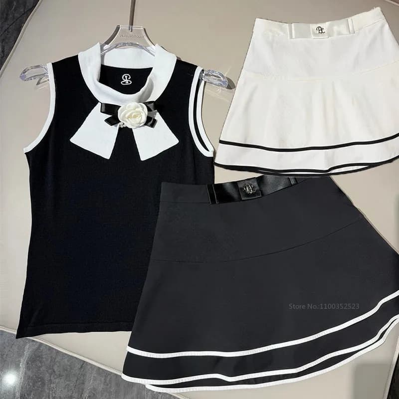 Canotta da golf da donna PL con motivo floreale coreano, gonna da golf a doppio strato da donna, gonna da tennis slim con volant e pantaloncini integrati