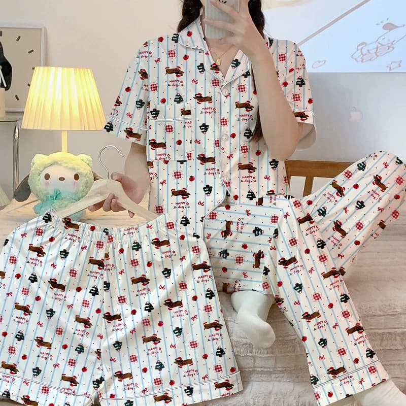Cartoon Dog Lettera Stampa a righe Pigiama da donna Estate Nuovo Kawaii Breve fresco Set 3 pezzi Pigiama Set Coreano Dolce e carino Homewear