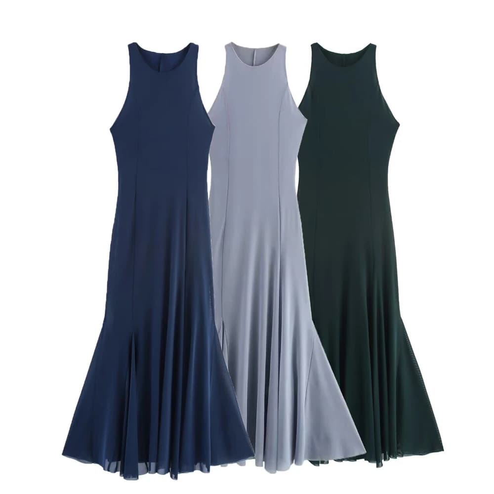 Abito Elegante da Donna con Scollo Rotondo Senza Maniche, in Rete a Onda Larga, con Fascia in Vita e Gonna a Pianoforte, Stile Semplice e alla Moda