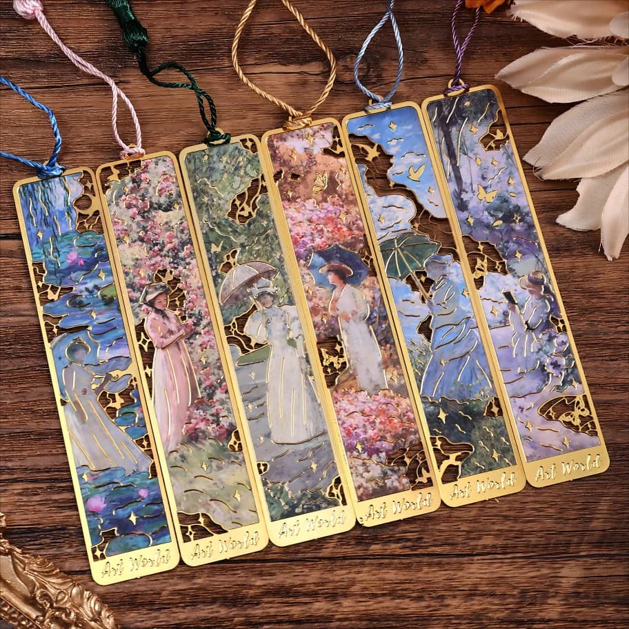 6Pcs Vintage Metal Bookmarks, Oil Painting Art Theme, Elegant Floral Maiden Design, Classic Artistic Book Markers
