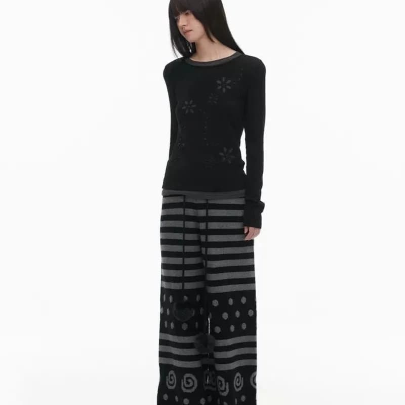 Y2K Women Double Layer Embroidered Hollow Flower Long Sleeve Top Slim Stretch Mock Two Piece Crew Neck T Shirt