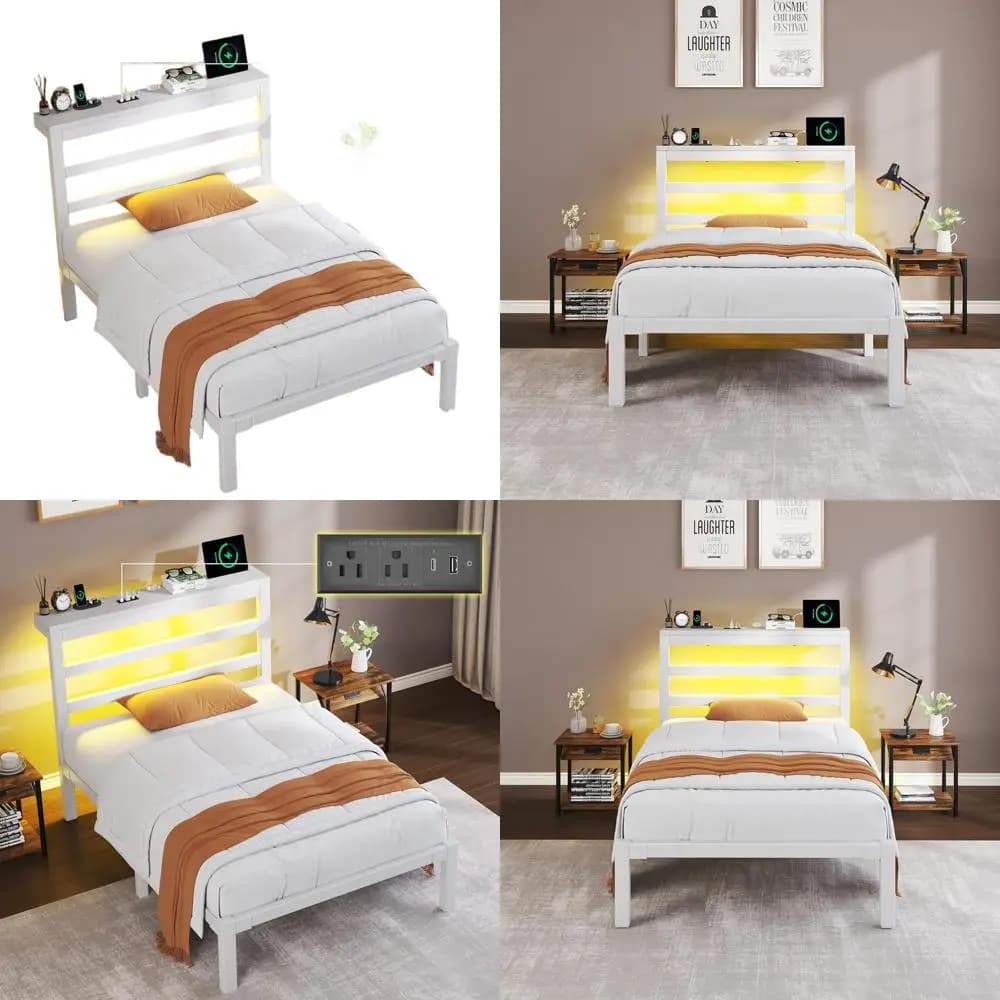 Letto singolo bianco con contenitore, stazione di ricarica, luci LED, senza rete a doghe, facile da montare