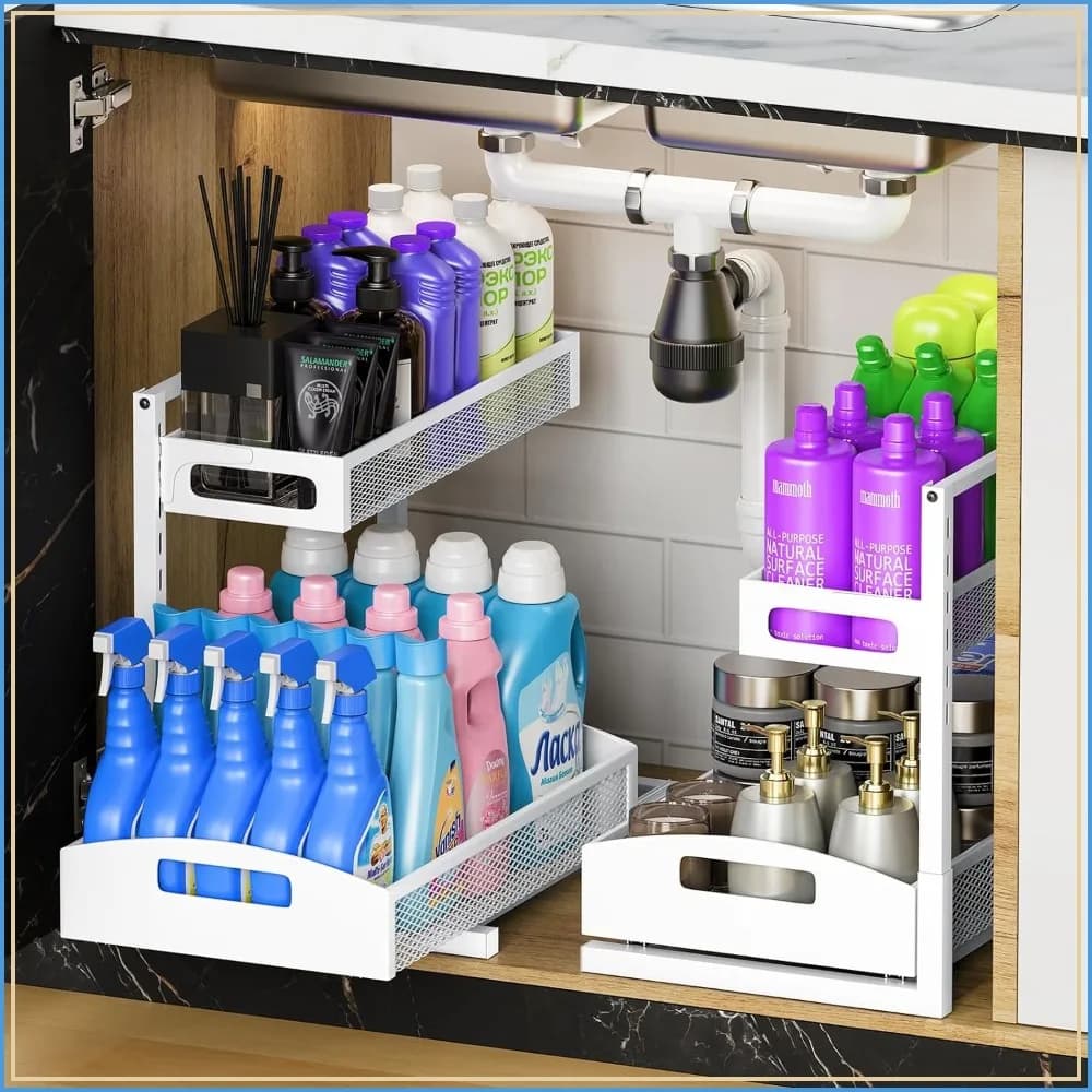 Under Sink Organizer, Pull Out Cabinet Rack with Smooth Bottom Drawer, 5-Level Adjustable Shelf for Bathroom, Kitchen, Vanity, Pantry (2-Pack)