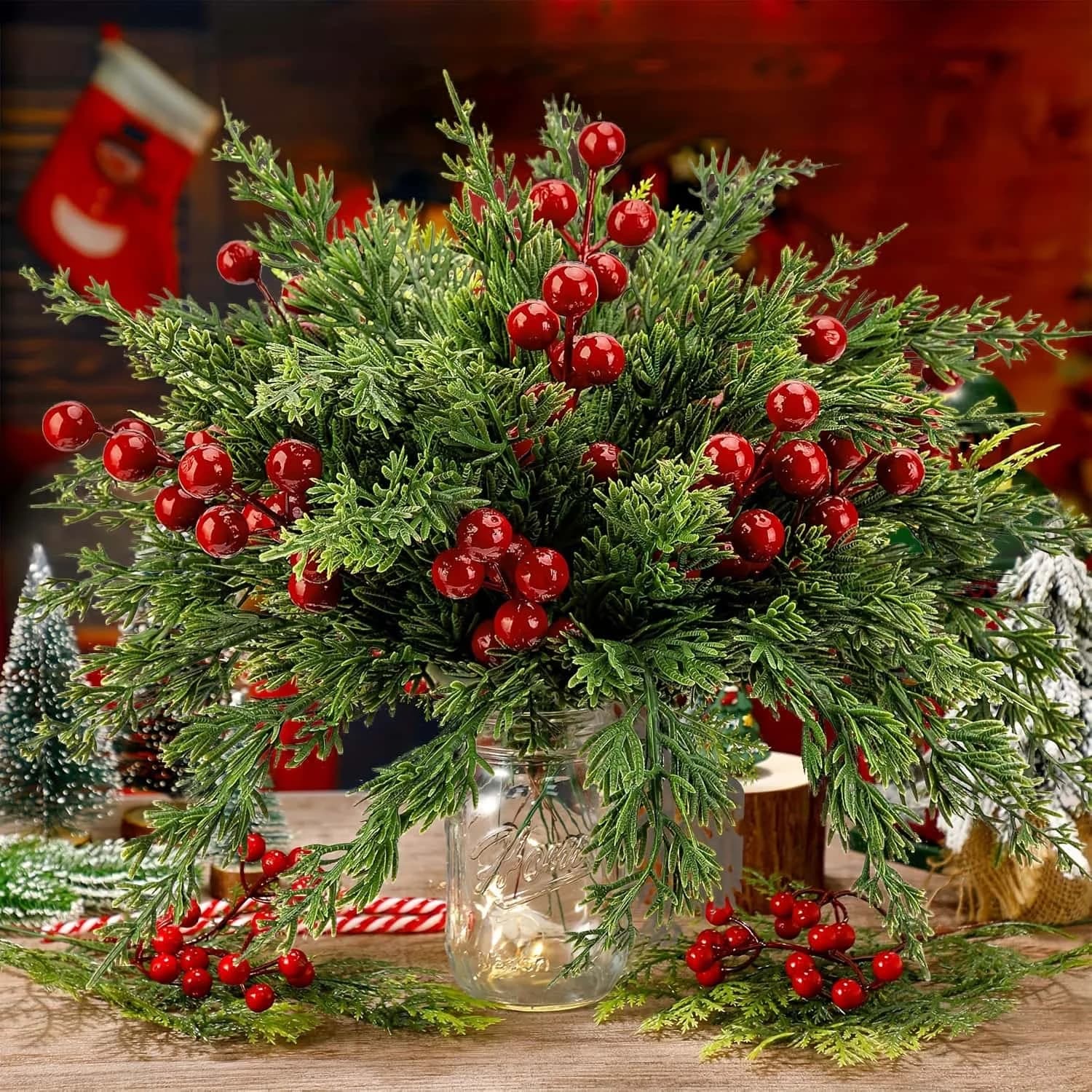 20/40/68pcs Christmas Decorative Flowers Red Berry Stems Artificial Pine Branches Fake Green Plant Pine Leaf Picks DIY
