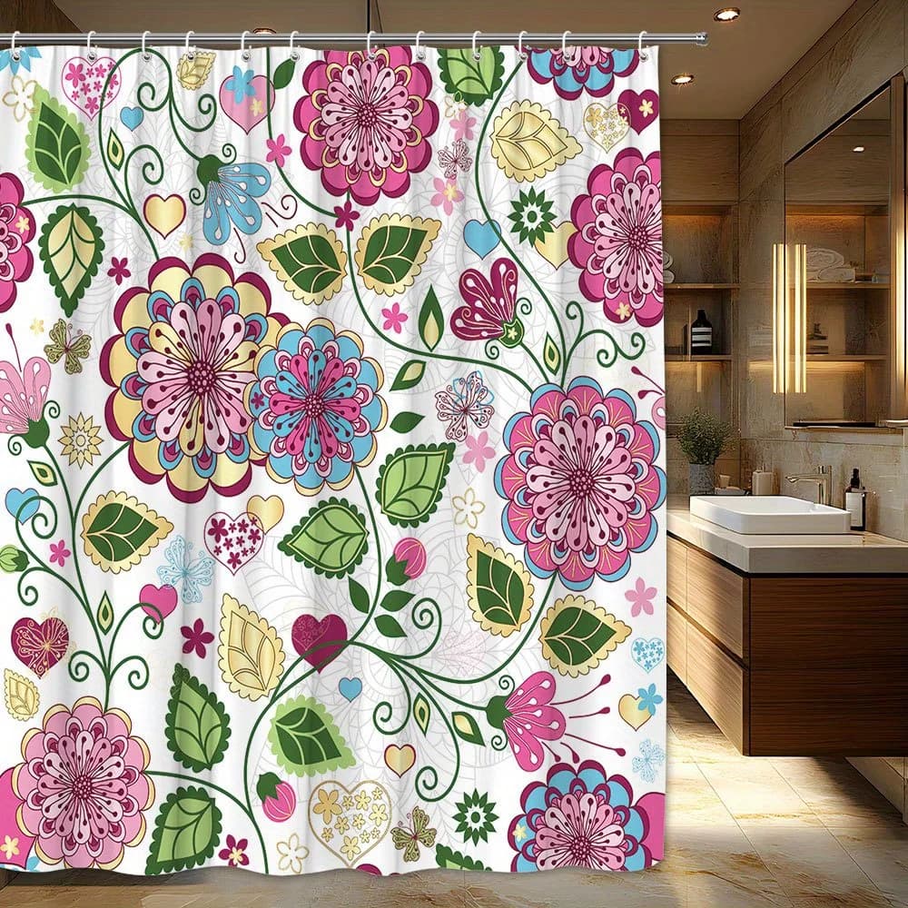 Tenda da doccia floreale vibrante: cuori stravaganti, stelle, fiocchi di neve e fiori, poliestere, lavabile in lavatrice, arredamento da bagno moderno