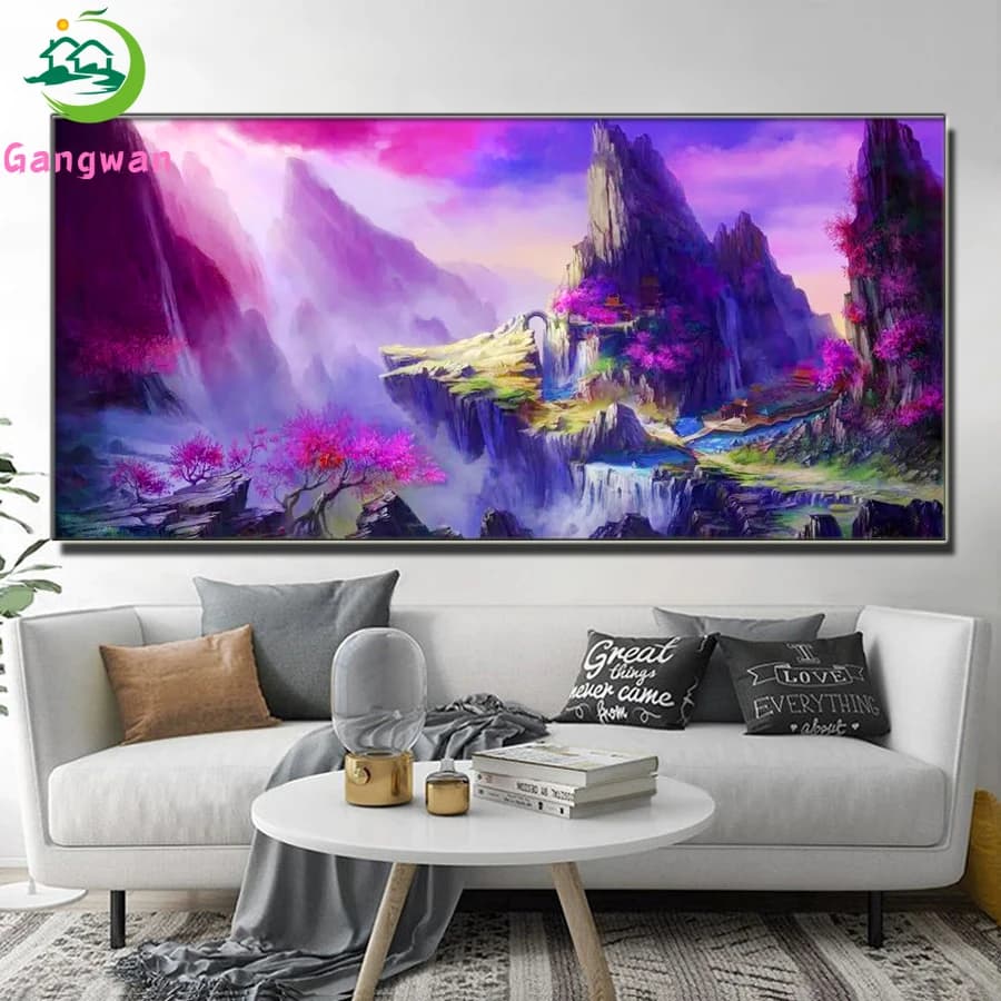Cliff,mountain peak DIY Diamond Painting Diamond Embroidery Cross Stitch Full square round drill cherry tree scenery Home Decor