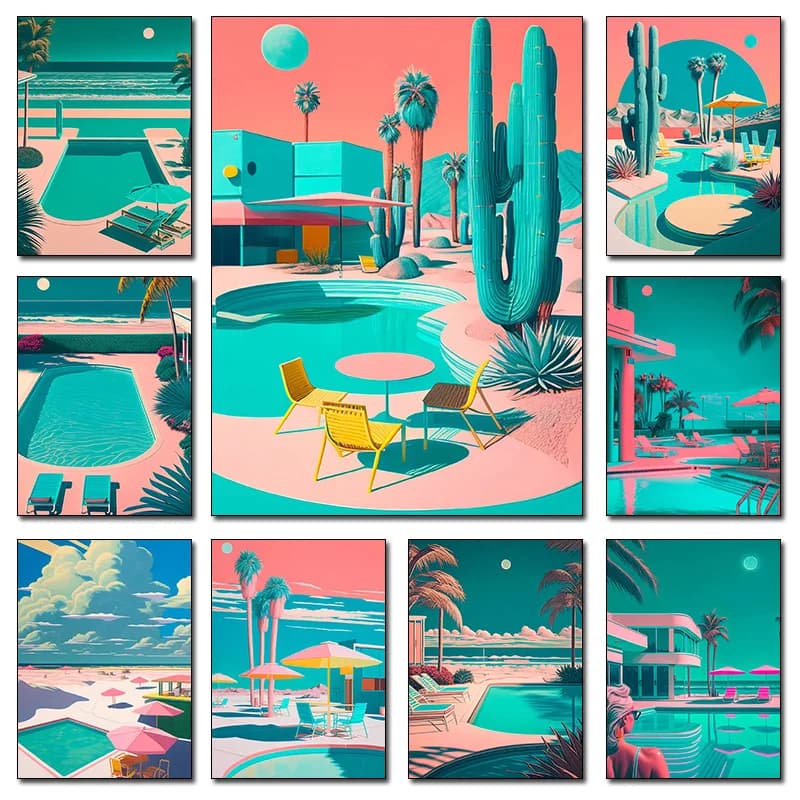 Poster Retro-Futuristico con Palme in Riva al Mare e Piscina nel Deserto, Quadro Diamantato, Immagini HD, Decorazione d'Interni per la Casa