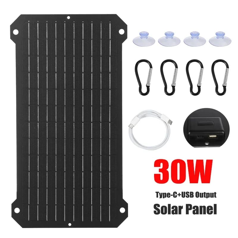 Pannello solare da 30 W portatile monocristallino USB + uscita tipo C Caricatore esterno Power Bank per ventole per fotocamera tablet telefono da campeggio