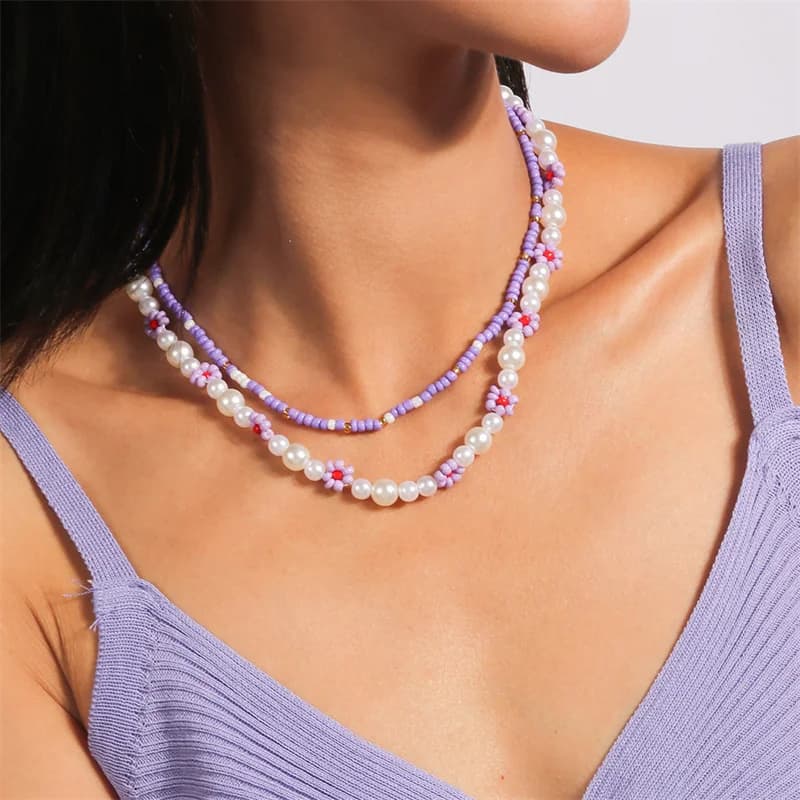 Aihua Handmade Colorful Pearl Necklace with Beads Crewneck Necklace Simple Fashion Flower Pearl Necklaces Necklaces for Women's Jewelry Gifts