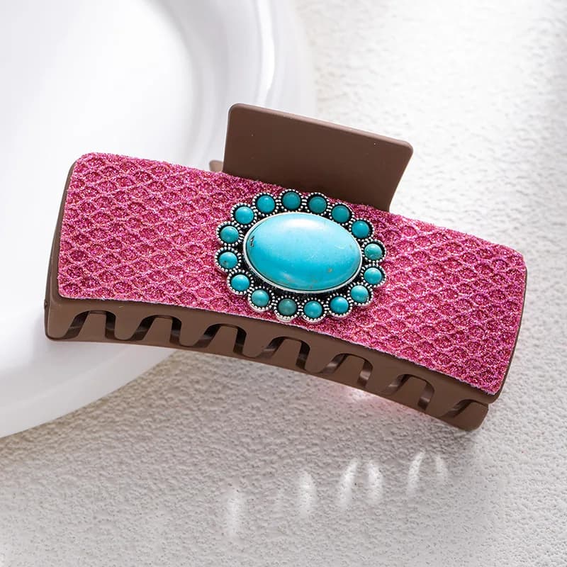 Bohemian Turquoise Western-Style Hair Clip Women's Vintage Leopard Print Ethnic-Style Back-of-Head Shark Clip