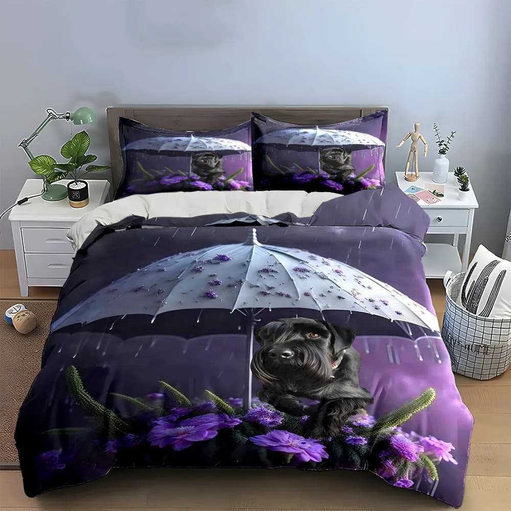Set di biancheria da letto con decorazioni floreali a tema ombrello per cani, con 1 copripiumino e 2 federe, per letto singolo, matrimoniale, king, queen, idea regalo
