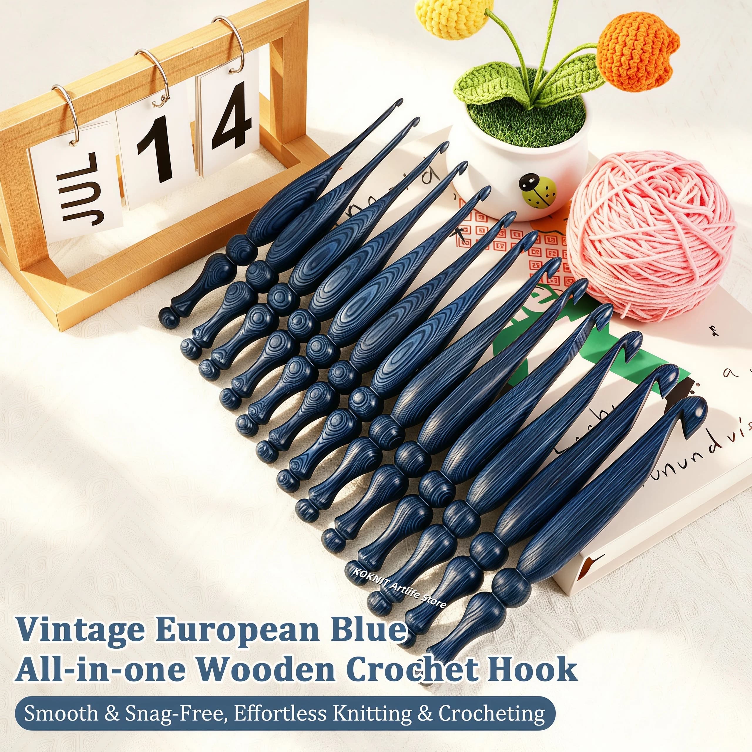 Blue Vintage Solid Wood Crochet Hook Ergonomic Gourd Handle Crochet Needles 3.5‑15.0mm DIY Yarn Knitting Needle Craft Tools