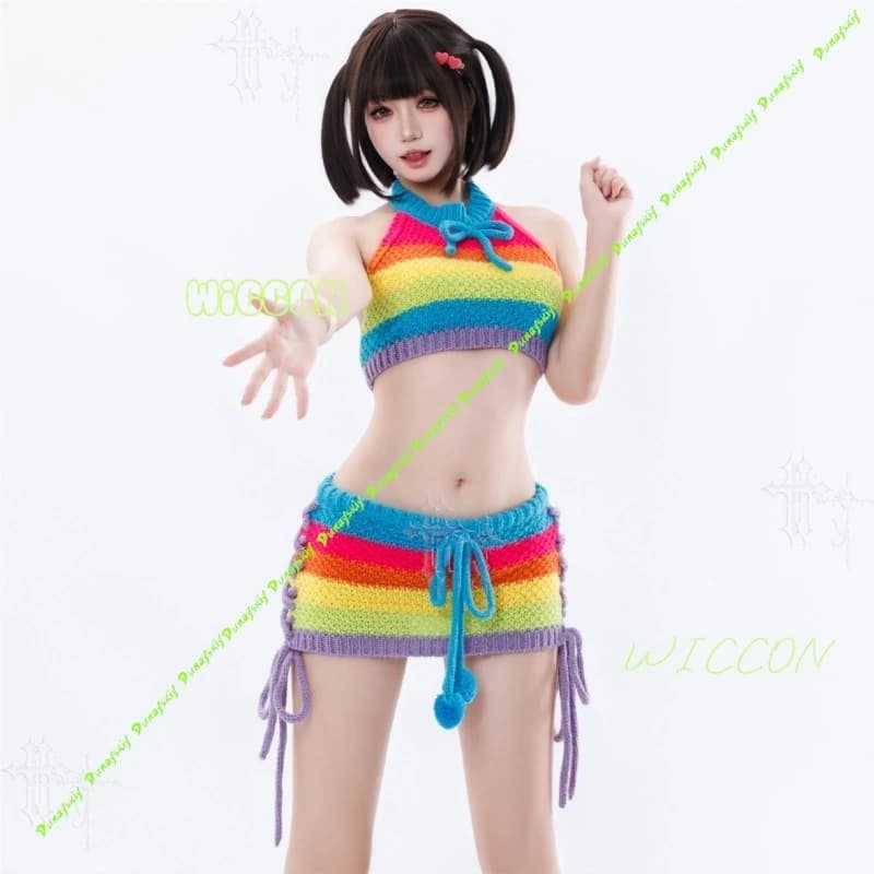 Set di Calze, Guanti e Maglione Senza Schienale Arcobaleno Originale, Lingerie Cosplay Pure Desire, Stile Lolita Kawaii Primaverile