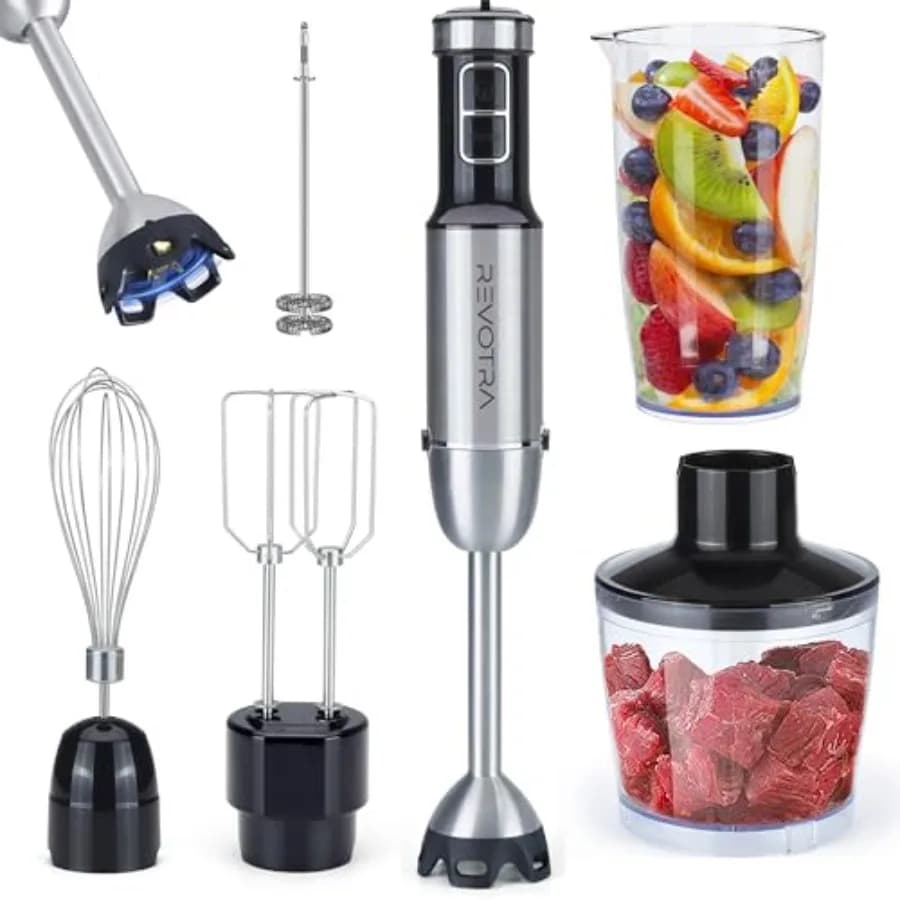 Frullatore a Immersione Portatile 6 in 1, Frullatore a Immersione in Acciaio Inox a 12 Velocità con Frusta, Tritatutto, Becher, Sbattitori e Montalatte