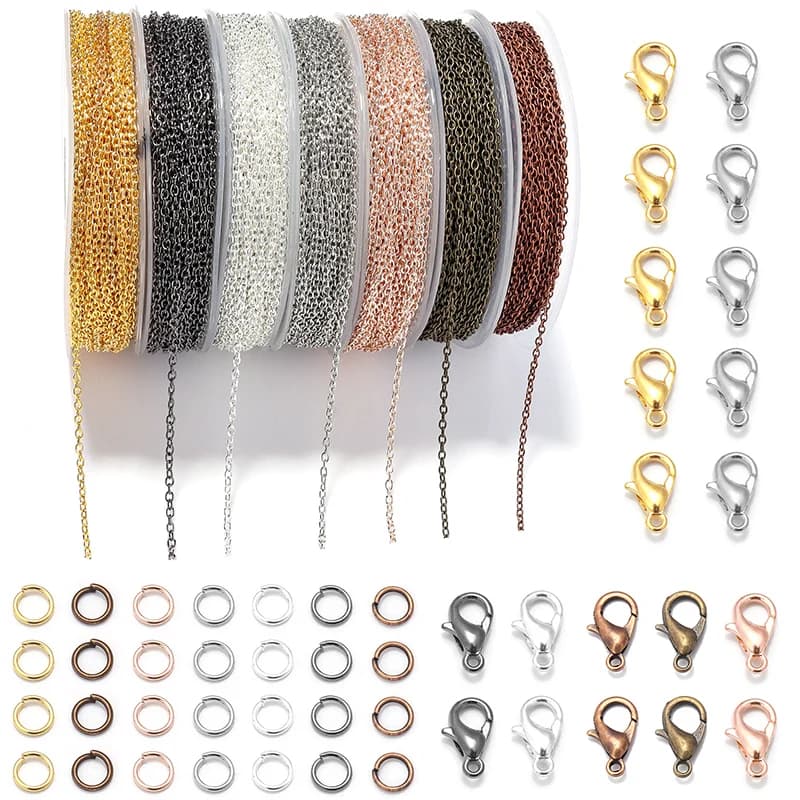 Set di catene a croce in ferro metallico da 3 m/rotolo con fermagli a moschettone Anelli di salto Catena a maglie sfuse per gioielli fai da te che realizzano braccialetti di collane