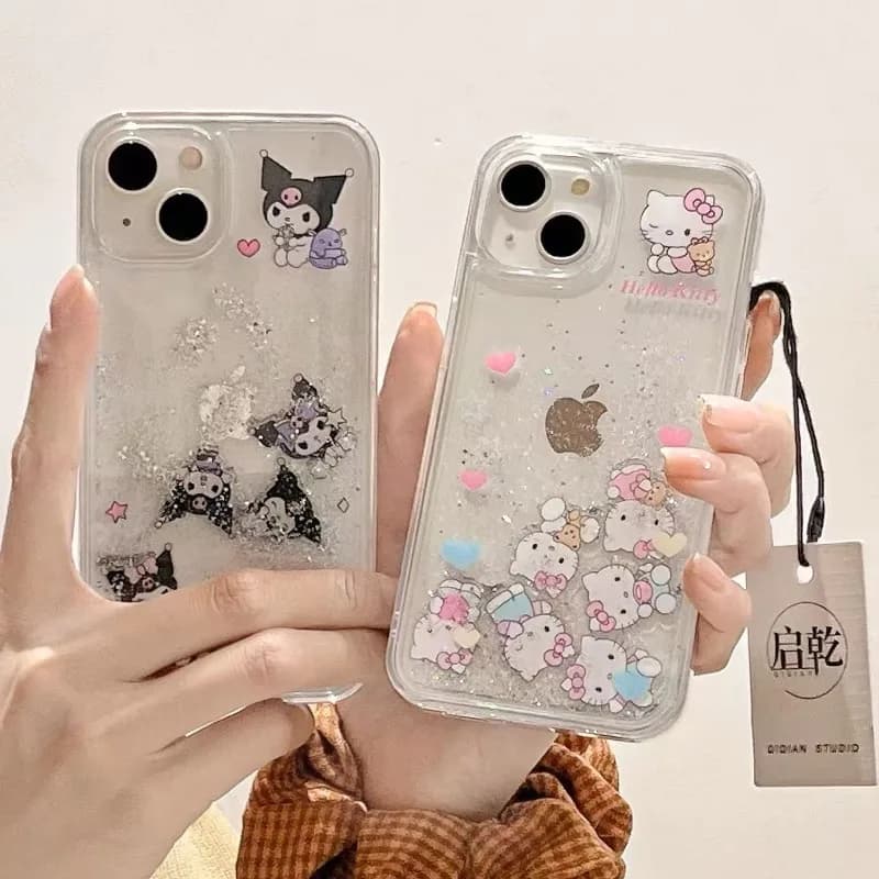 Custodia per iPhone 14 13 15 16 17 Pro Max di lusso con glitter e sabbie mobili, design anime Kuromi, cartone animato, simpatico cuore 3D rosa, Hello Kitty