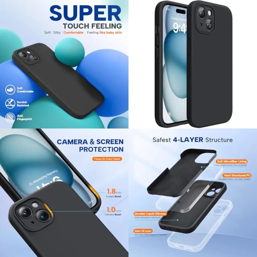 Compatibile con la custodia per iPhone 15, [fodera interna in microfibra morbida antigraffio], custodia in silicone liquido, protezione antiurto in gomma gel.