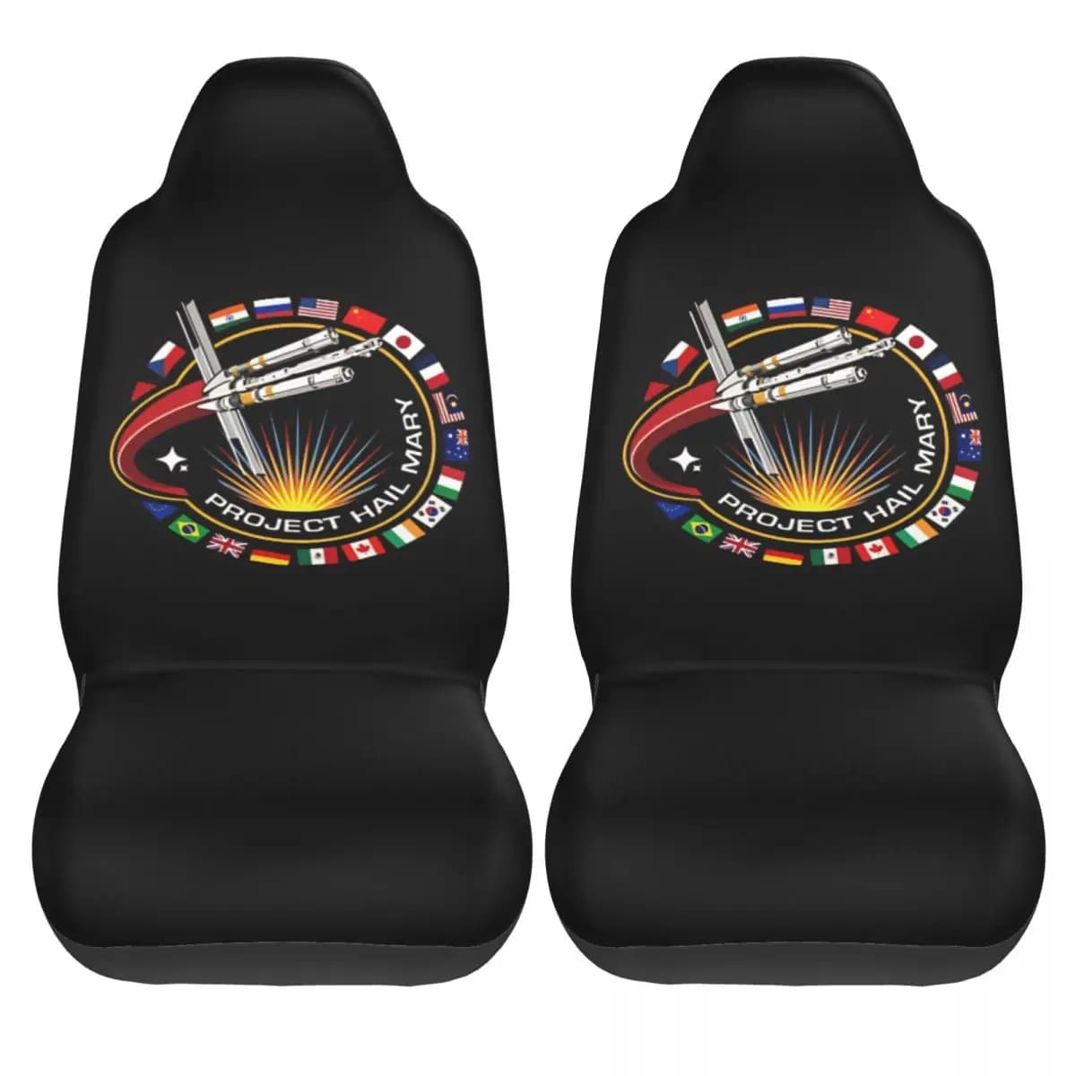 Project Hail Mary Car Seat Covers with Mission Patch and National Flags, in Elasticized Polyester, Set of Two Pieces