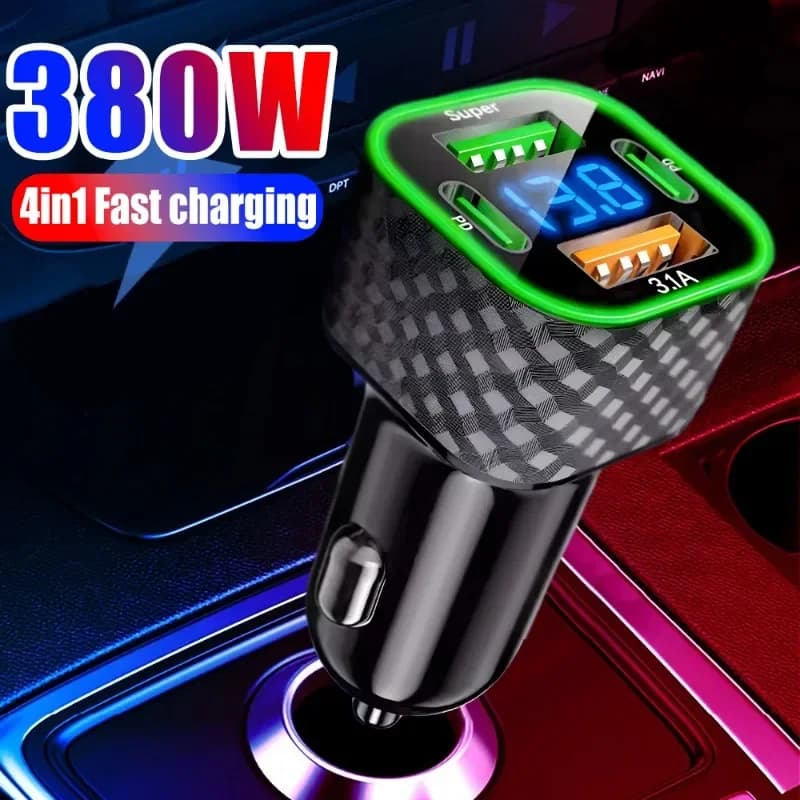 380 W Dual PD Dual Type-C Car Cell Phone Charger Automatic Charger with 4 digital display in 1 DC 12V/24V super fast charging adapter