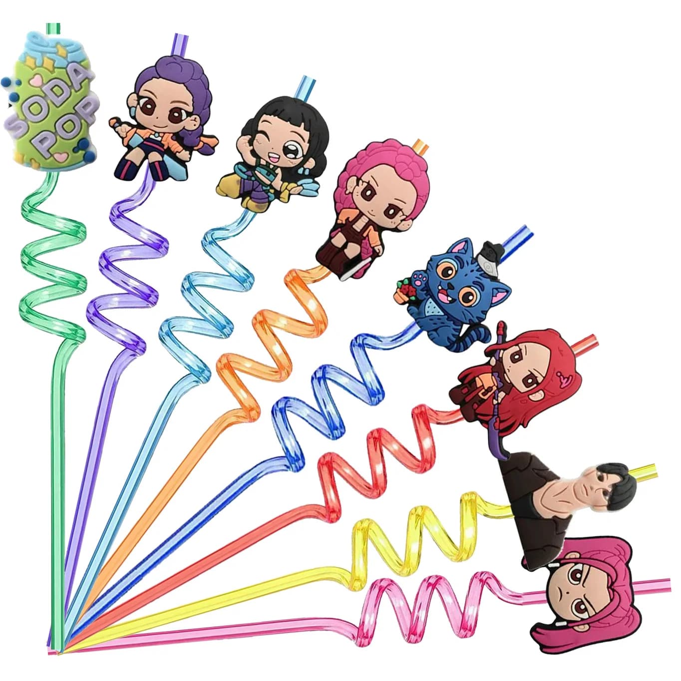 Nuove Cannucce Decorative a Spirale in Plastica Riutilizzabili a Tema K-Pop, Anime e Cartoni Animati, Ideali per Feste di Compleanno e Regali