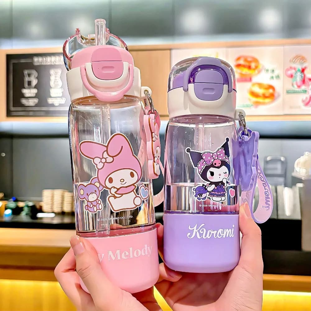 Sanrio 420/510/580ml transparent cup with double compartment, Kuromi and Melody cartoon characters, in safe Tritan, water bottle, gift for girls