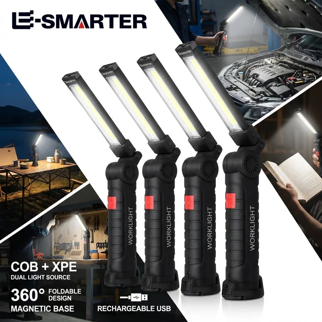 COB LED Work Light Dimmable USB Rechargeable LED Flashlight Inspection Lamp With Magnetic Hook Power Bank 18650 Battery Torch