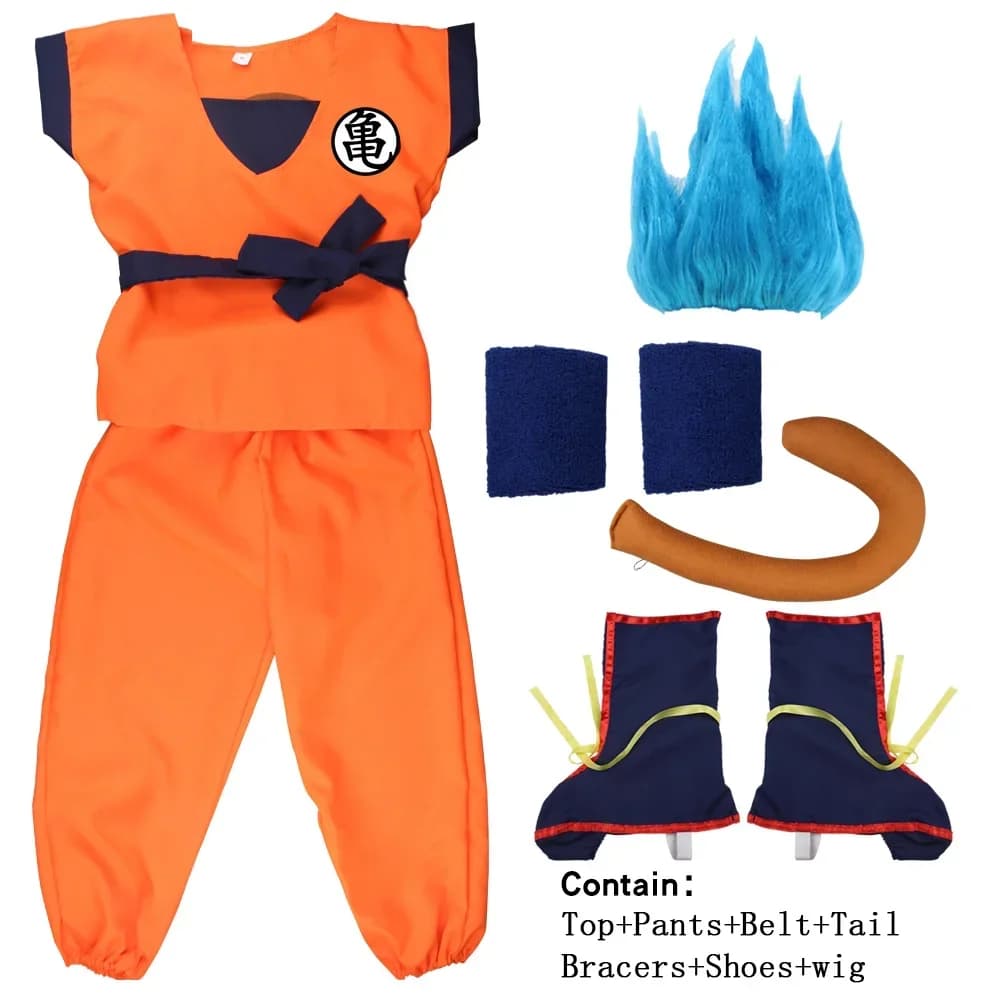 Adult Kids Son Goku Gui Carnival Cosplay Anime Costumes Halloween parties and Holiday Including Tail Wrist Wig Blue Gold Design