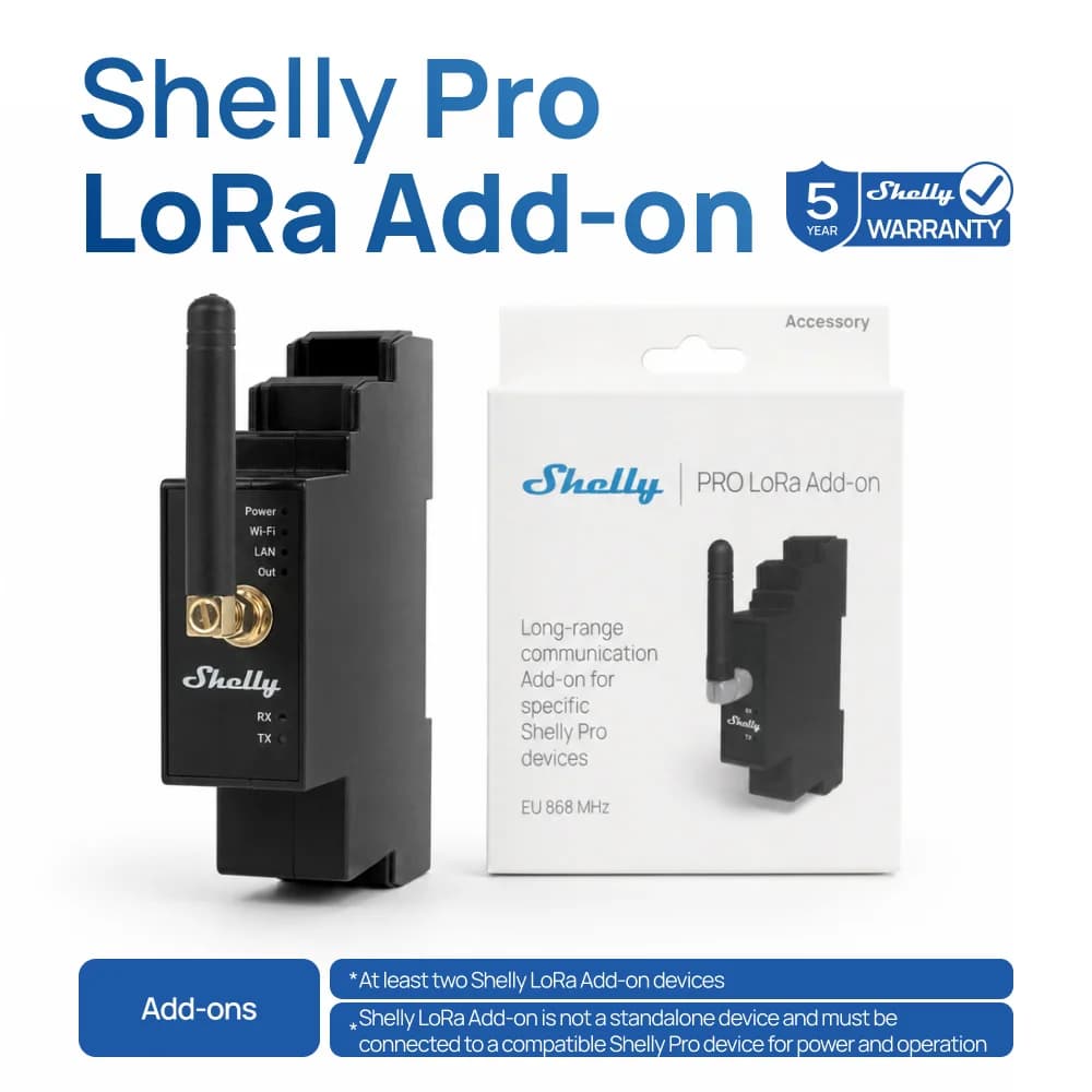 Shelly Pro LoRa Add-on: Estende la comunicazione LoRa a lungo raggio fino a 5 km per specifici dispositivi Shelly Pro, abilitando l'automazione e