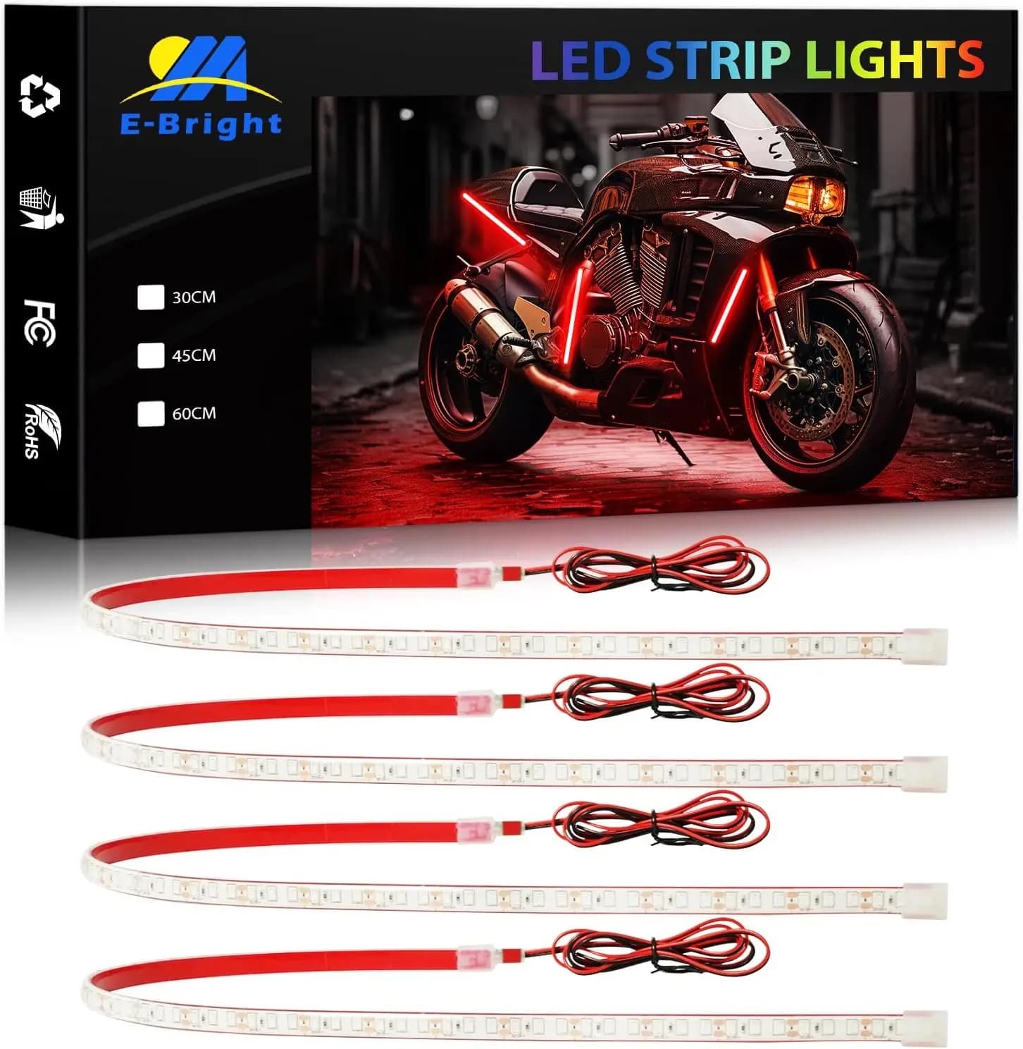 Strisce LED Impermeabili IP68 per Moto, Camion, Furgoni, Barche, Interni ed Esterni, Tagliabili, 24 Pollici, Rosso, Confezione da 4