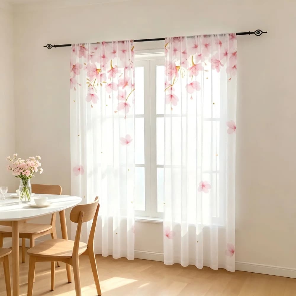 2PCS Digital Print Sheer Curtain, Sweet Cherry Blossom, Cute Romantic Floral - Voile Drapes for Bedroom Living Room Decor