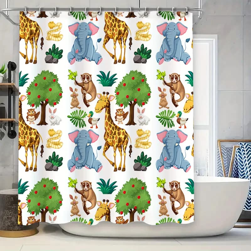 Tenda da doccia con stampa animalier Decorazione per il bagno con animali dei cartoni animati Decorazione per la camera dei bambini Set di tappetini da bagno in tessuto extra lungo impermeabile w