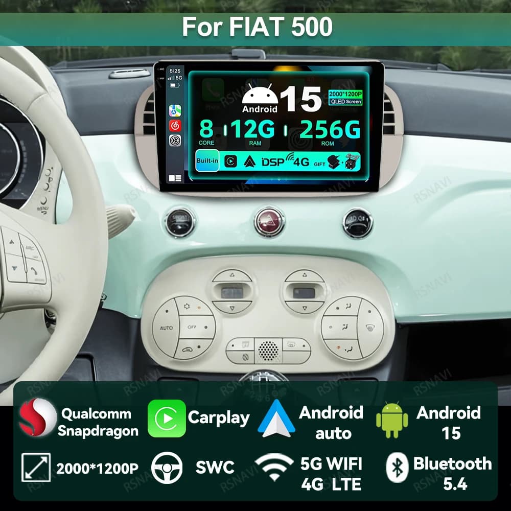 Car Radio Android 15 For FIAT 500 Navigation Head Unit QLED Wireless Carplay Auto Stereo DVD 4G LTE Viedo Player Multimedia DSP
