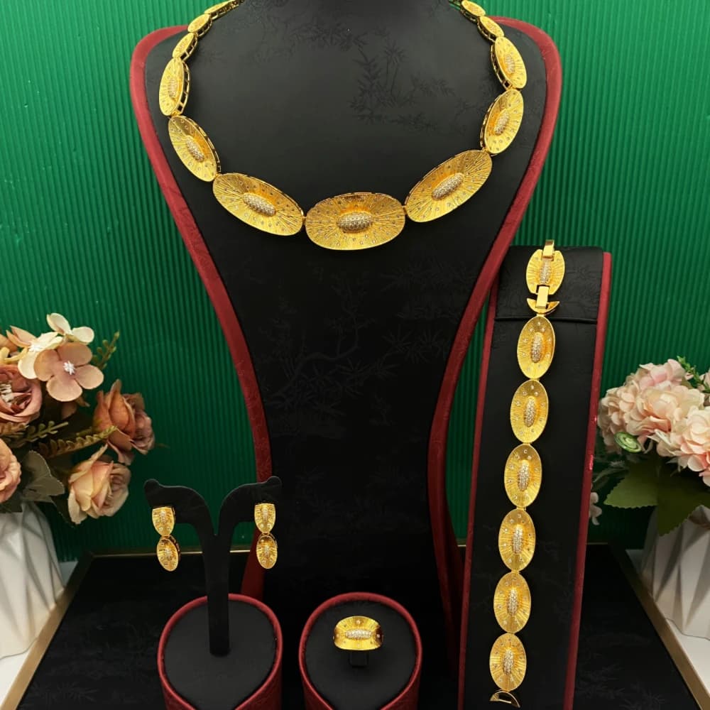 JRH Set di gioielli da donna con zirconi artificiali Bracciale in rame placcato oro Anello Collana Orecchini per la festa Nigeria Kenya Moda