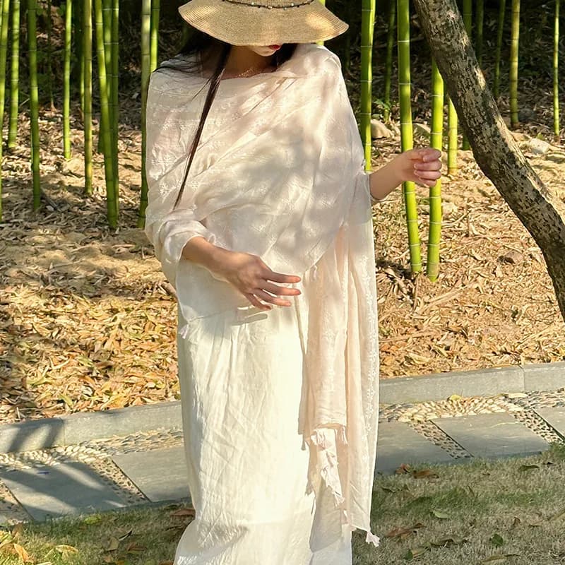 Poncho Scialle in stile etnico cinese Asciugamano da spiaggia estivo all'aperto Abito da viaggio da donna Stile sottile Fotografia Scialle di protezione solare A
