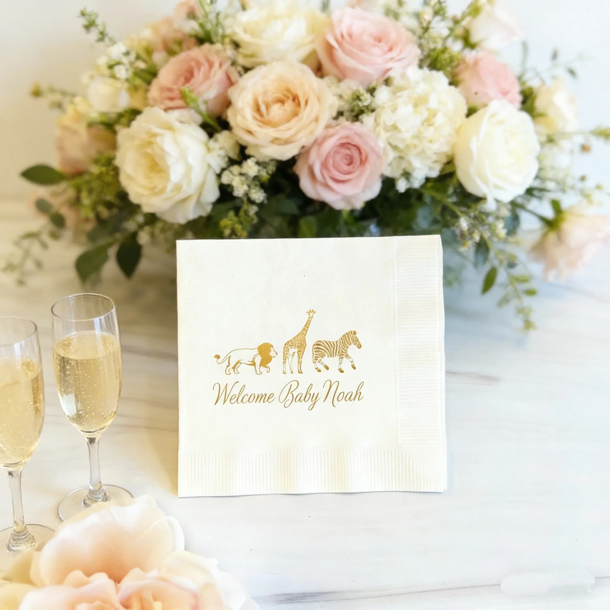 50 Tovaglioli Personalizzati con Stampa in Lamina a Tema Animali dello Zoo per Baby Shower, Decorazioni per Tavola per Feste