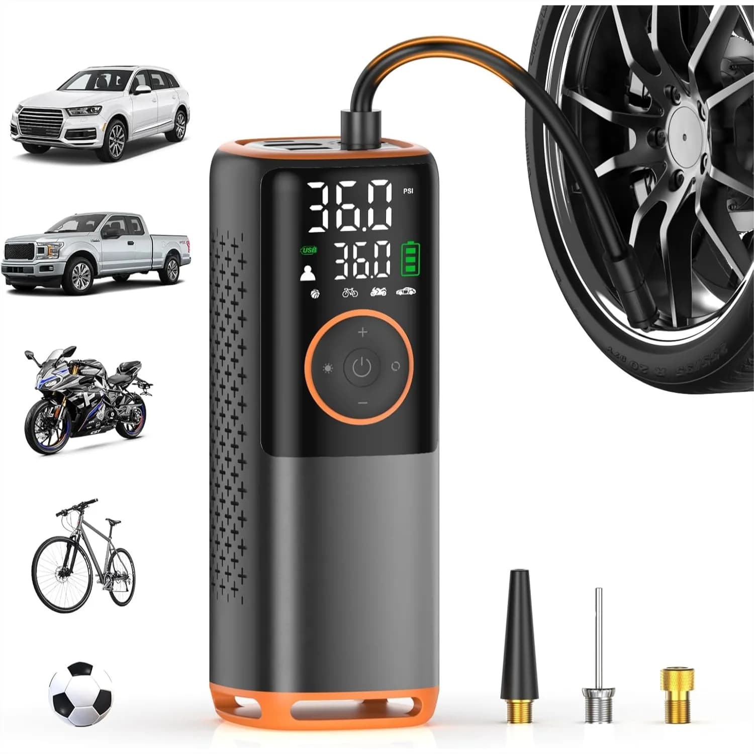 Compressore d'Aria Portatile con Gonfiatore Pneumatici da 160 PSI, Display Doppio, Power Bank e Luci di Emergenza per Auto, Bici e Moto