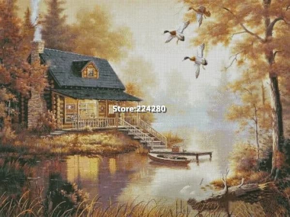 Una Lodge del Paesaggio Foreste Cucito Ricamo 14CT Tela Non Stampata Ricamo Fatto a Mano Kit Punto Croce Set Decorazioni per la Casa Fai da Te