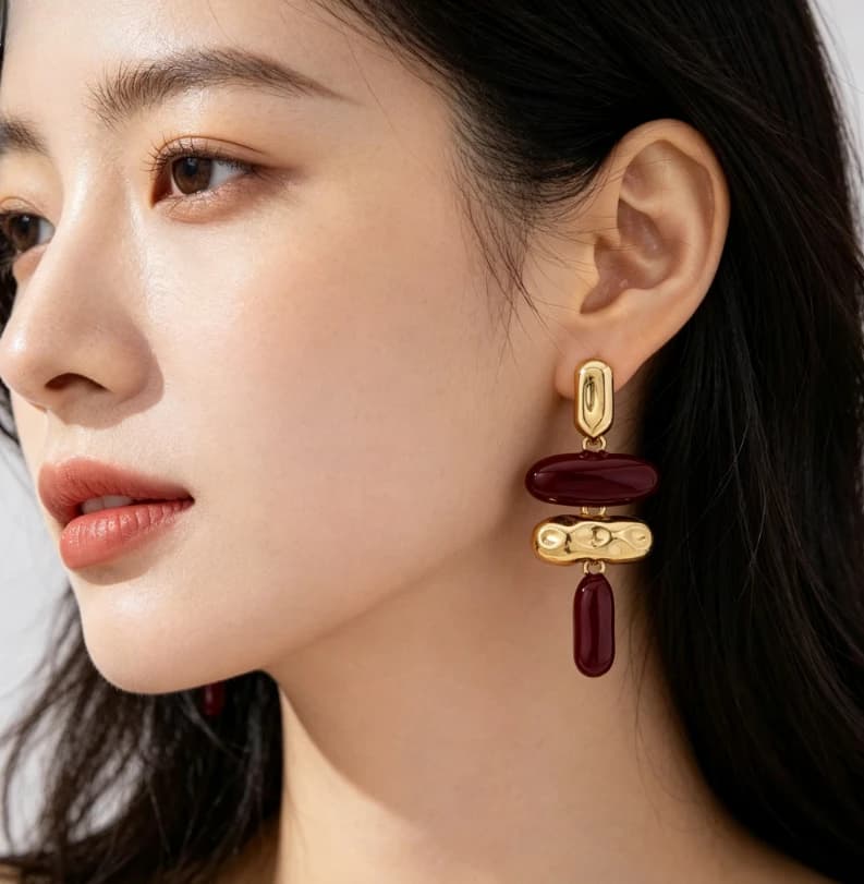Two-Tone Wine Red Enamel Irregular Oval Stack Drop Earrings 14K Gold Plated Vintage Autumn Women Daily Jewelry