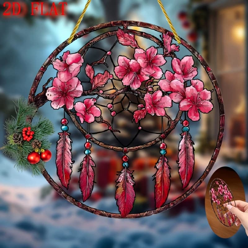 2D Flat, One Piece, Dream Catcher Hanging Ornament(1), Pink Floral Design, Home Decoration, Wall Art, Gift for Decoration and Ar