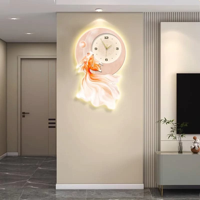 Good luck koi watch, decorative painting for living watch, creative light painting, wall clock mural with TV background