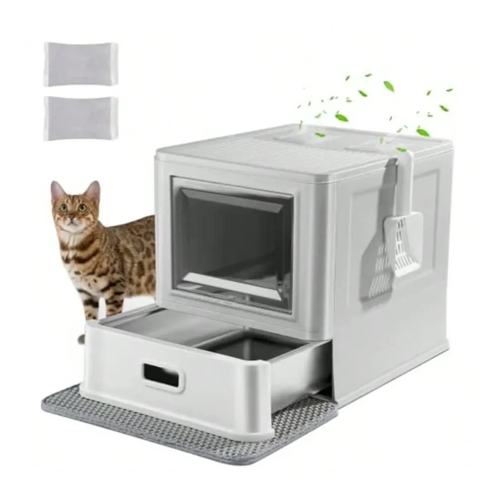 Lettiera per gatti in acciaio inossidabile con coperchio e cassetto, accessori per gatti, ideale per interni e tutti i tipi di gatti