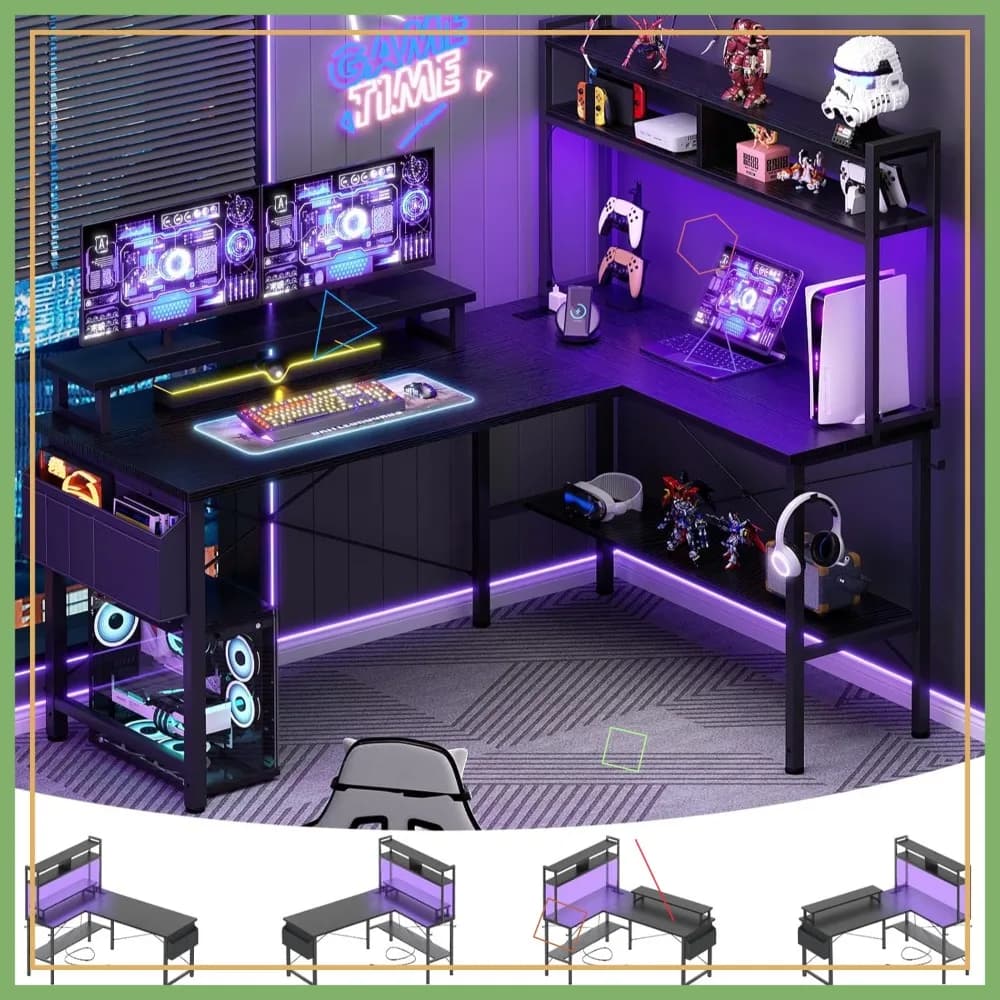 Scrivania da Gaming a L con Prese di Corrente e Luci LED, Piccola Scrivania Angolare per Computer con Supporto Monitor, Ripiano Portaoggetti e Borsa, Nera