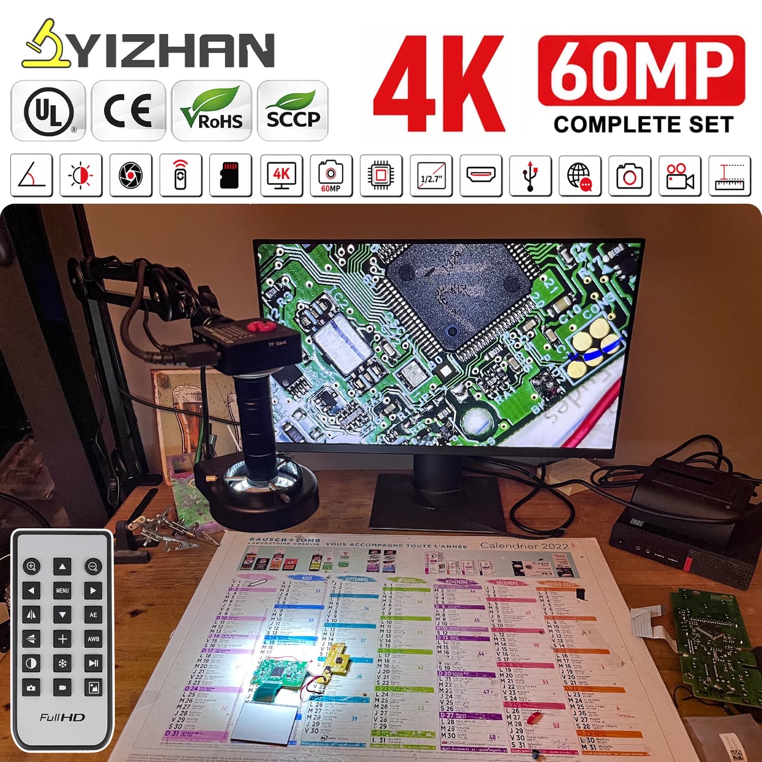 YIZHAN 60MP 48MP 4K Electronic Digital Welding Microscope 1080P HDMI VGA USB Industrial Camera 150xLens FoldBracket Remote