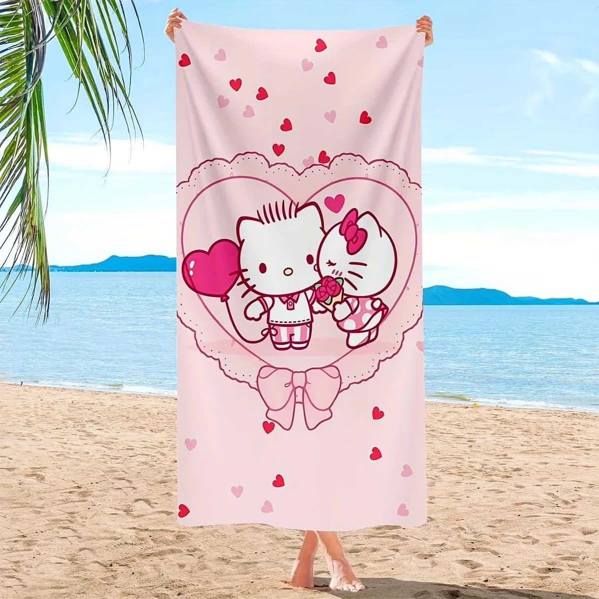 1PC Asciugamano da spiaggia con stampa Sanrio Hello Kitty Bow, morbido e assorbente, portatile per viaggi, escursioni, campeggio, piscina, hotel