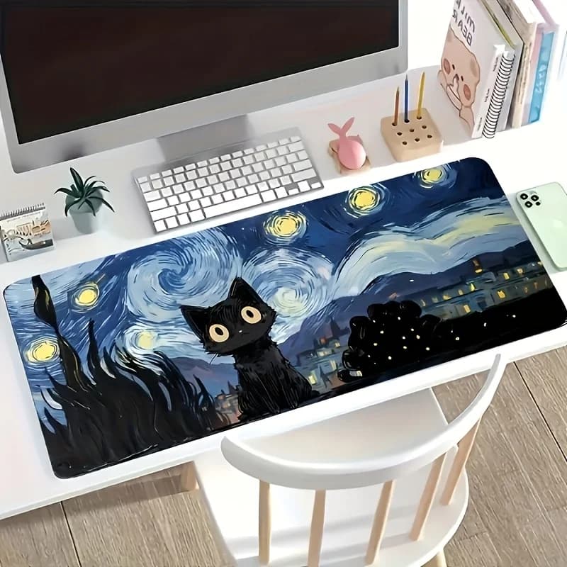 Tappetino per mouse da gioco Van Gogh Starry Night Black Cat, grande tappetino da scrivania antiscivolo con atmosfera artistica per giocatori e ufficio domestico