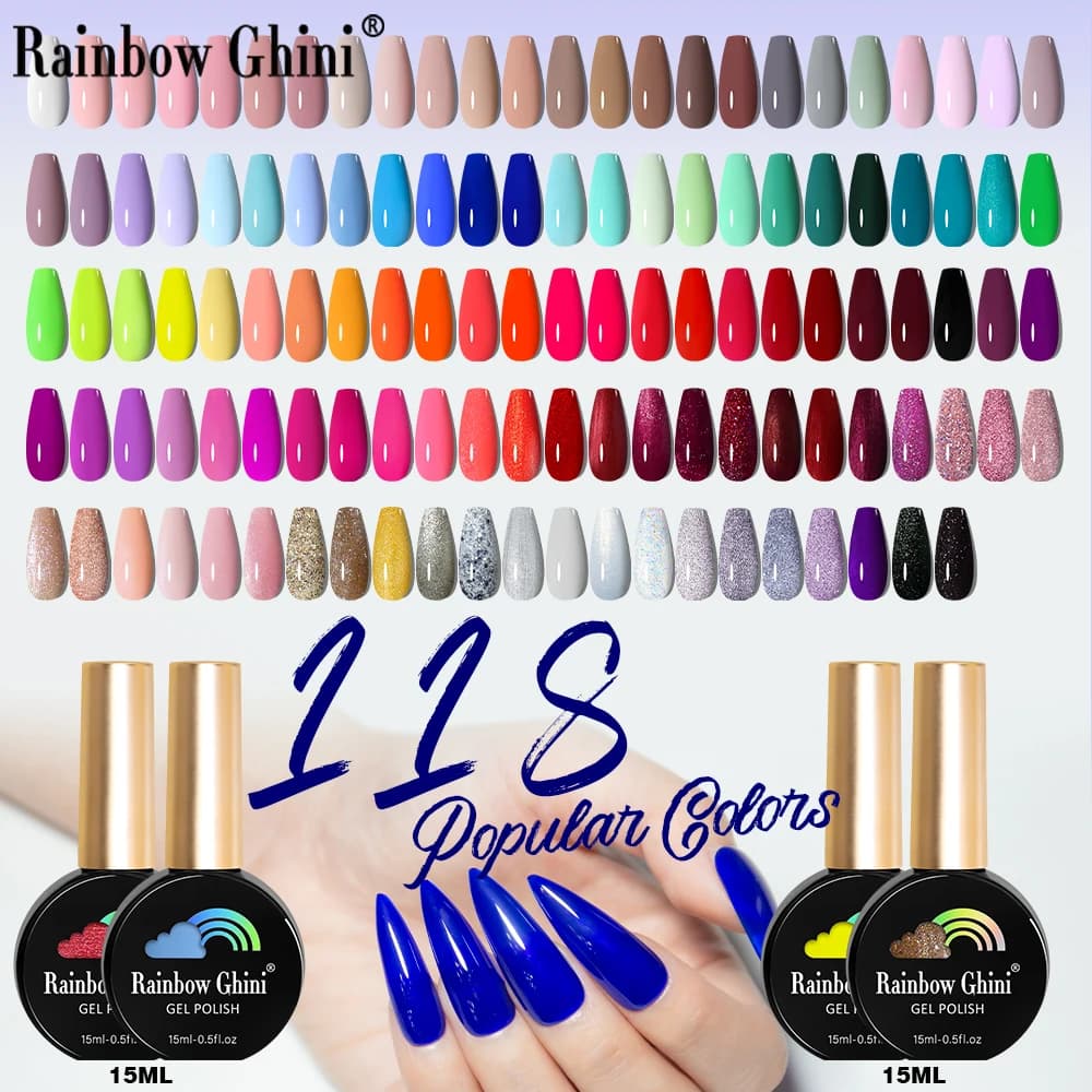 Rainbow Ghini 15ml 118 colori Smalto gel UV a lunga durata, rimovibile con immersione, glitter fine colorato, smalto per unghie professionale per manicure.