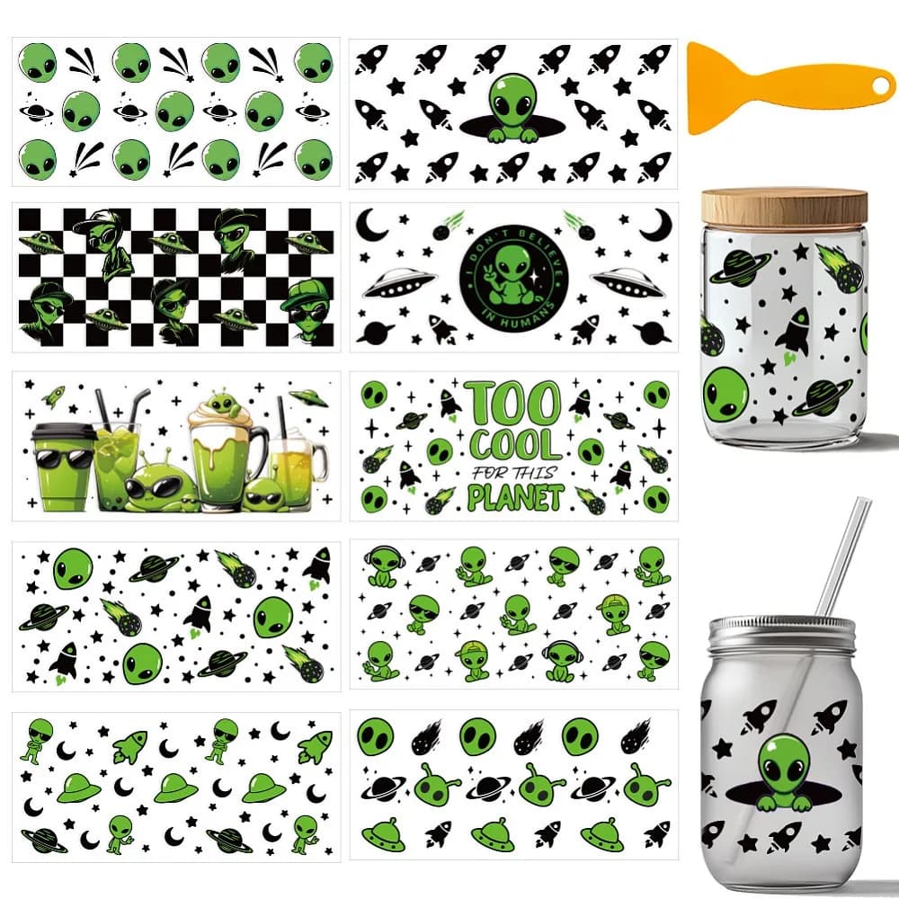 PVC DIY Heat Transfer Paper for UV Sublimation Cup Extra-Terrestrial 110x240mm 10 style 1pc/style 10pcs/set